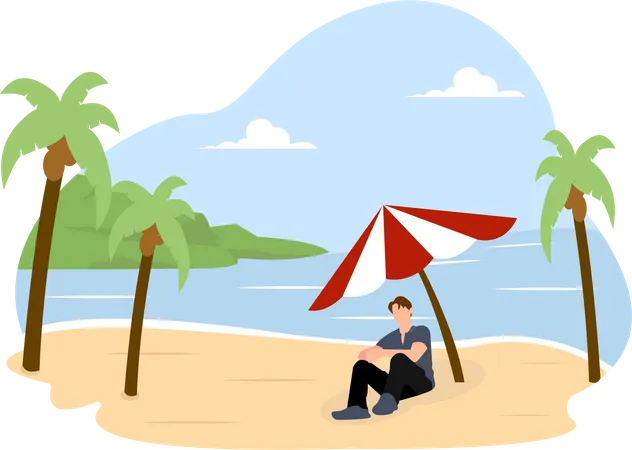 Man sitting under beach umbrella  Illustration