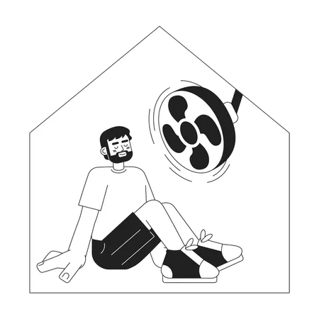 Man Sitting Under Ceiling Fan At Home Monochromatic Flat Vector Character Cool Down Heat In House Editable Thin Line Full Body Person On White Simple Bw Cartoon Spot Image For Web Graphic Design Illustration