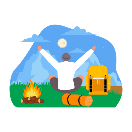 Man sitting with backpack near campfire  Illustration