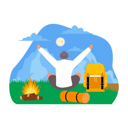 Man sitting with backpack near campfire  Illustration