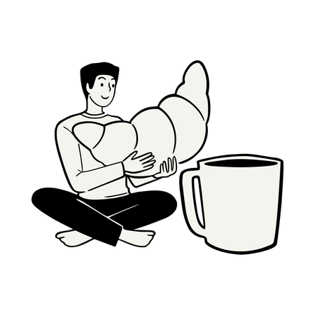 Man Sitting with Large Croissant and Coffee  Illustration