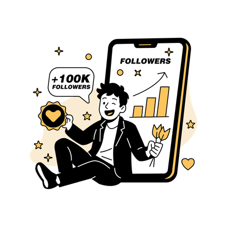 Man Sitting with Social Media Growth Charts  Illustration