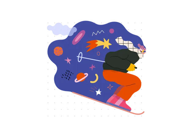Life Unframed Cosmic Skier Modern Flat Vector Concept Illustration Of A Man Skiing In The Space Metaphor Of Unpredictability Imagination Whimsy Cycle Of Existence Play Growth And Discovery イラスト