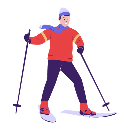 Man Skiing In Winter Season Flat Design Illustration Illustration