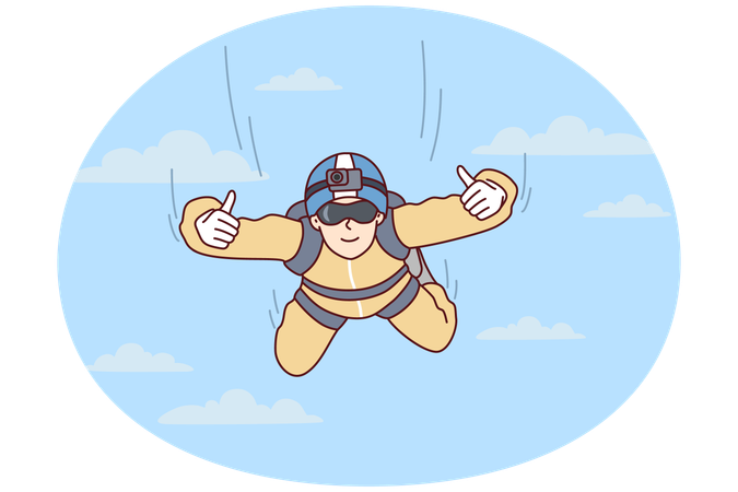 Man skydiver hangs in sky and shows two hands thumbs up after jumping from airplane  Illustration