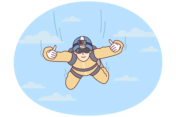 Man skydiver hangs in sky and shows two hands thumbs up after jumping from airplane  Illustration