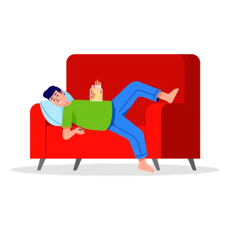 Man sleeing on couch while having snack  Illustration