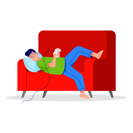 Man sleeing on couch while playing video game  Illustration