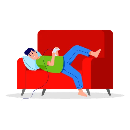 Man sleeing on couch while playing video game  イラスト