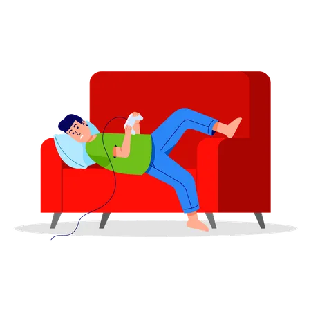 Man sleeing on couch while playing video game  Illustration