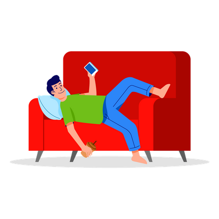 Man sleeing on couch while using smartphone  Illustration