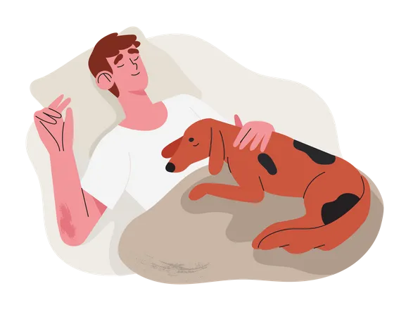 Man sleep in his bed with dog  Illustration