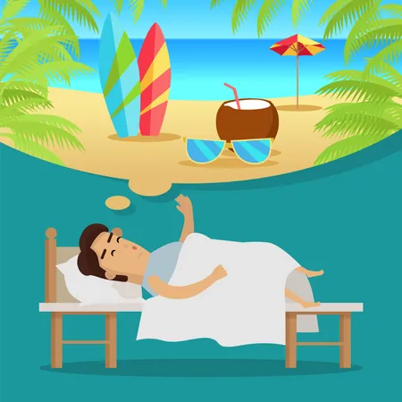 Man Sleeping and Dreaming Vacation on Beach  Illustration
