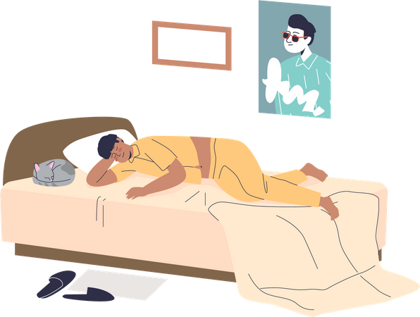 Man sleeping in bed all day during lazy weekend Illustration
