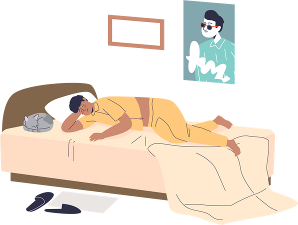 Man sleeping in bed all day during lazy weekend  Illustration