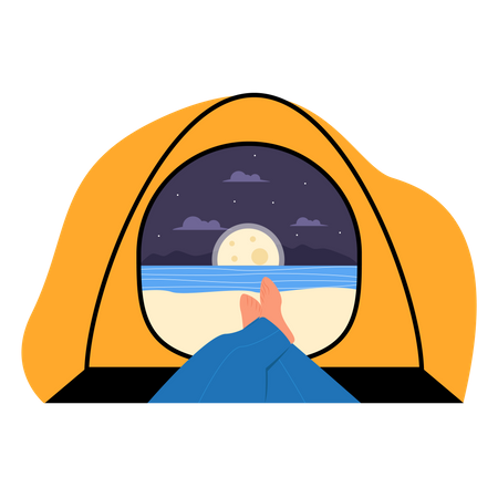 Man sleeping in camping tent and looking nature  Illustration