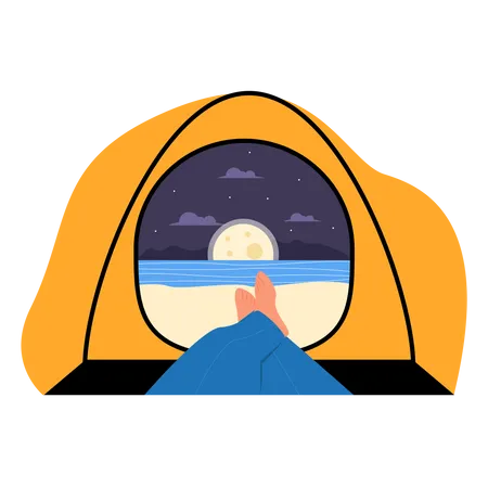 Man sleeping in camping tent and looking nature Illustration