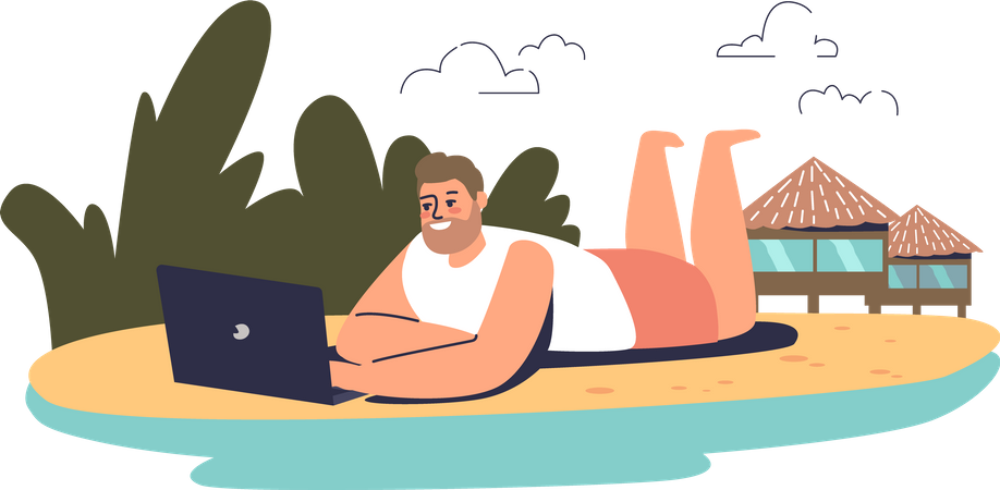 Man sleeping on beach and working on laptop  Illustration