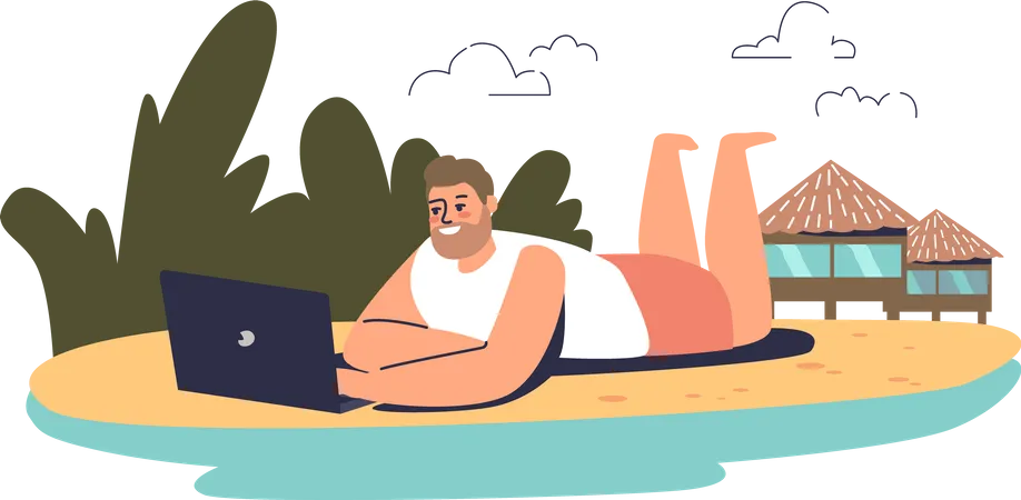 Man sleeping on beach and working on laptop  Illustration