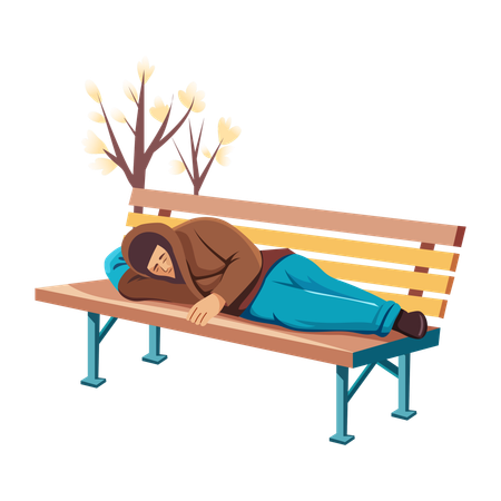 Man sleeping on park bench  Illustration