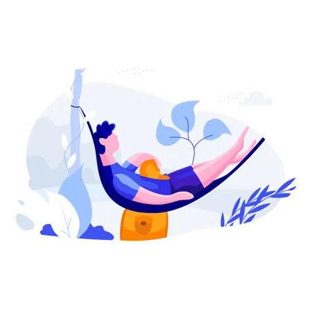 Man sleeping on rope swing on holiday  Illustration