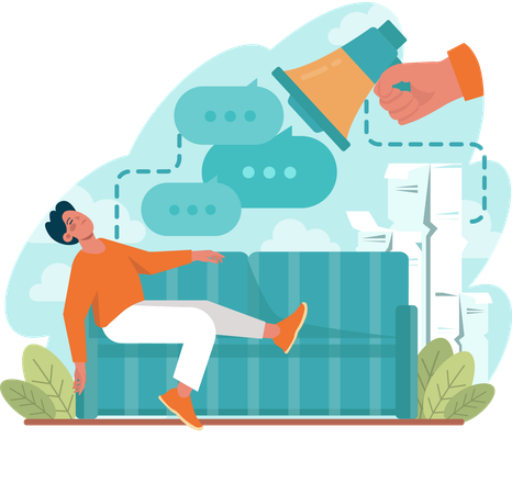 Man sleeping on sofa while doing marketing talk  Illustration