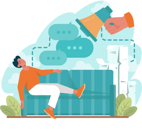Man sleeping on sofa while doing marketing talk  Illustration