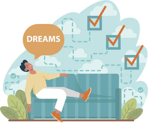 Man sleeping on sofa while dreaming for completing task  Illustration
