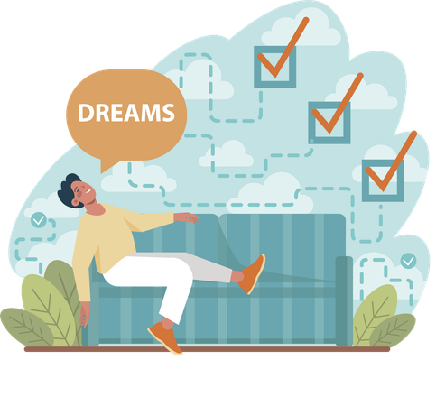 Man sleeping on sofa while dreaming for completing task  Illustration