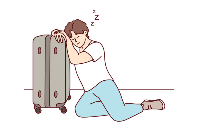 Man sleeping on travel bag Illustration