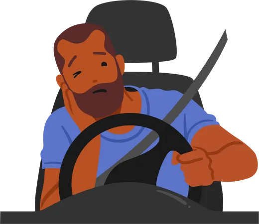 Dangerous Scenario Of A Man Character Sleeping Behind The Wheel While Driving Posing A Severe Risk Of Accident And Potential Harm To Himself And Others On The Road Cartoon People Vector Illustration Illustration