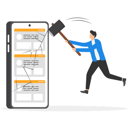 Man smash mobile phone using hammer  Illustration