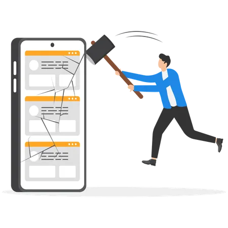 Man smash mobile phone using hammer  Illustration
