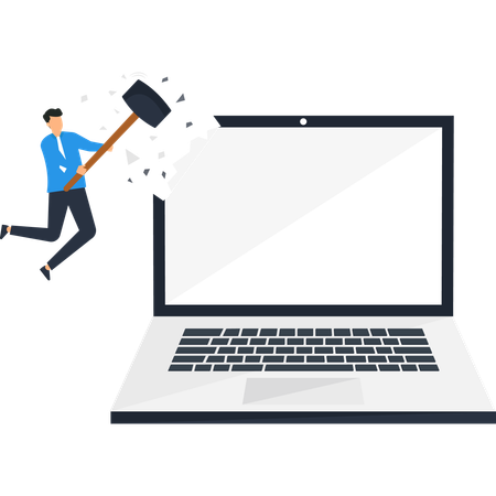 Man smashing laptop screen with hammer  Illustration