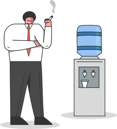 Concept Of Human Bad Habit Healthcare And Smoking Addiction Man Smoking Cigarette In The Office Office Worker Is Smoking At Break Time Cartoon Outline Linear Flat Style Vector Illustration Illustration