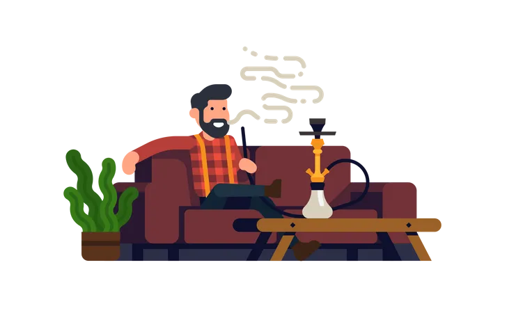 Man Smoking Hookah while sitting on couch  Illustration