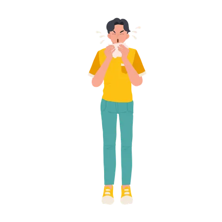 Allergy And Cold Prevention Concept Man Sneezing With Tissue Paper Illustration
