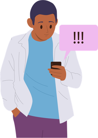 Man social media user looking at smartphone seeing exclamation marks message  イラスト