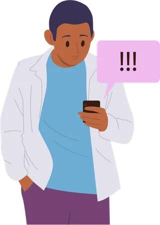 Man social media user looking at smartphone seeing exclamation marks message  Illustration