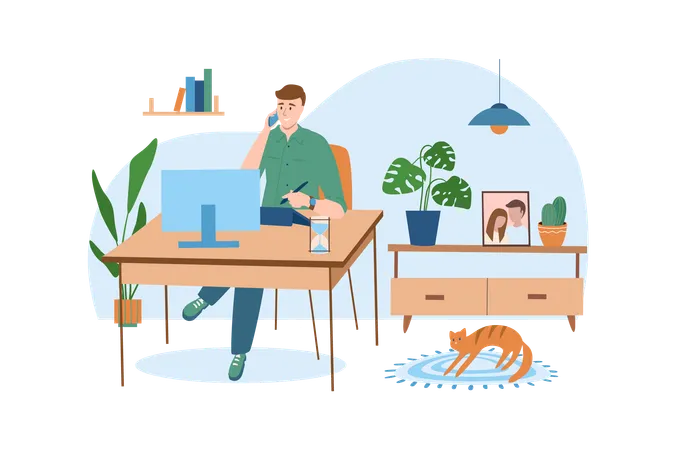 Workplace Blue Concept With People Scene In The Flat Cartoon Design Man Solves Important Business Issues At Home Vector Illustration Illustration