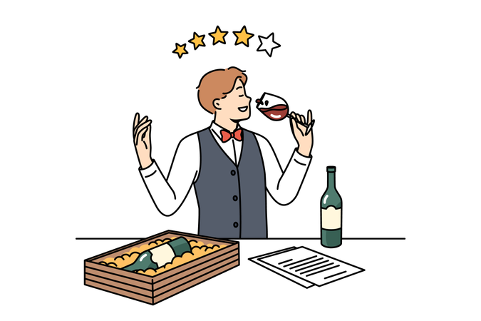 Man sommelier drinks wine from glass and gives rating out of 4 stars for alcohol drink  Illustration