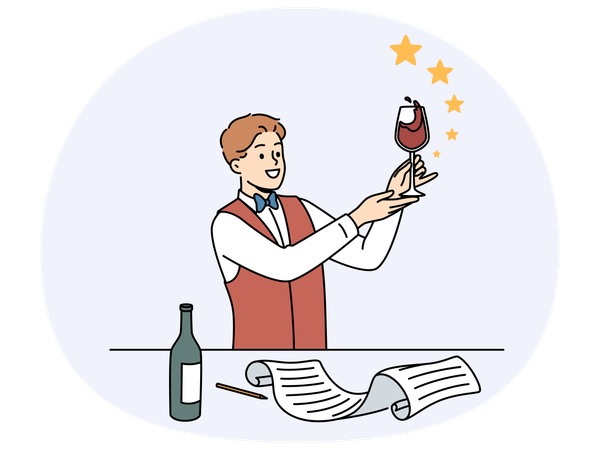 Man sommelier holding glass red wine and evaluates taste of noble alcoholic drink  Illustration