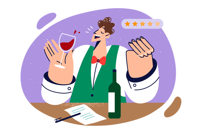 Man sommelier tastes red wine and gives five stars to alcoholic drink  Illustration