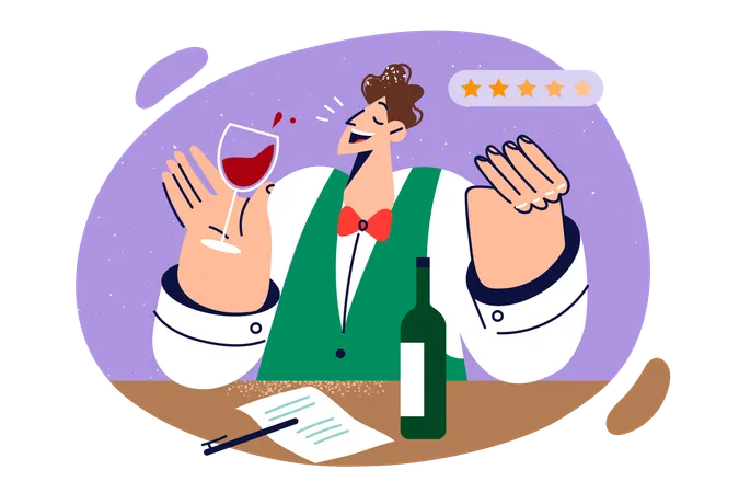 Man Sommelier Tastes Red Wine And Gives Five Stars To Alcoholic Drink Likes Standing Near Table With Paper And Bottle Sommelier Guy Expresses Positive Feedback After Sip Wine From Sauvignon Grapes Illustration
