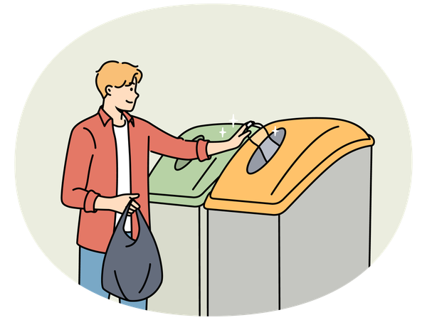 Man sorting garbage in bins  Illustration