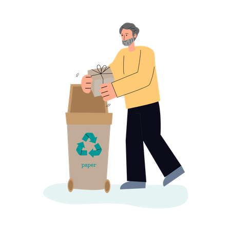 Man sorting paper waste in trash container  Illustration