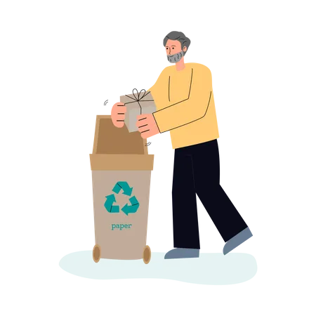 Man sorting paper waste in trash container  Illustration