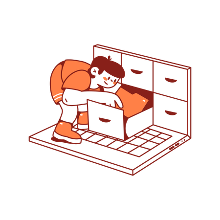 Man sorting through files in a laptop closet  Illustration