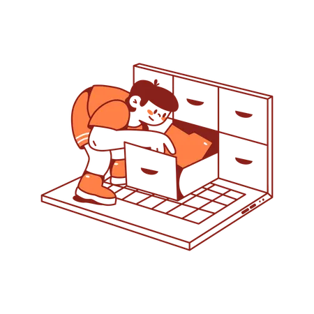 Man sorting through files in a laptop closet  Illustration