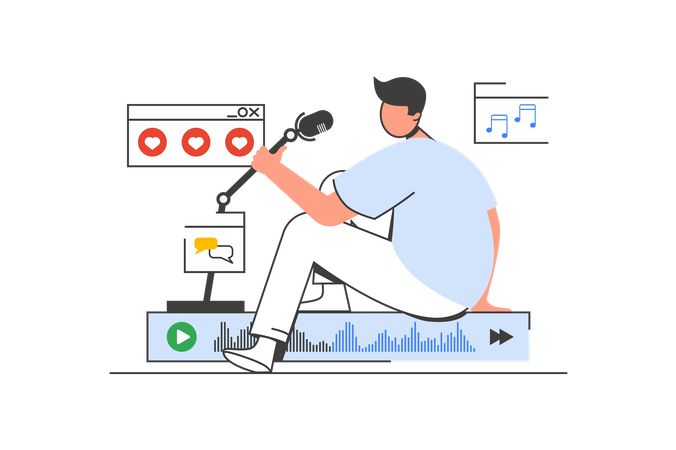 Man speaking in microphone streaming podcast  Illustration